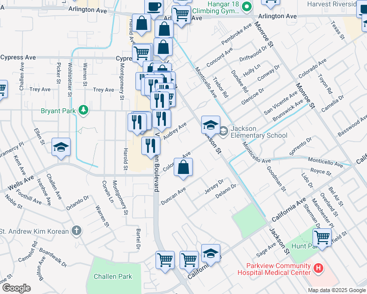 map of restaurants, bars, coffee shops, grocery stores, and more near 9211 Colorado Ave in Riverside