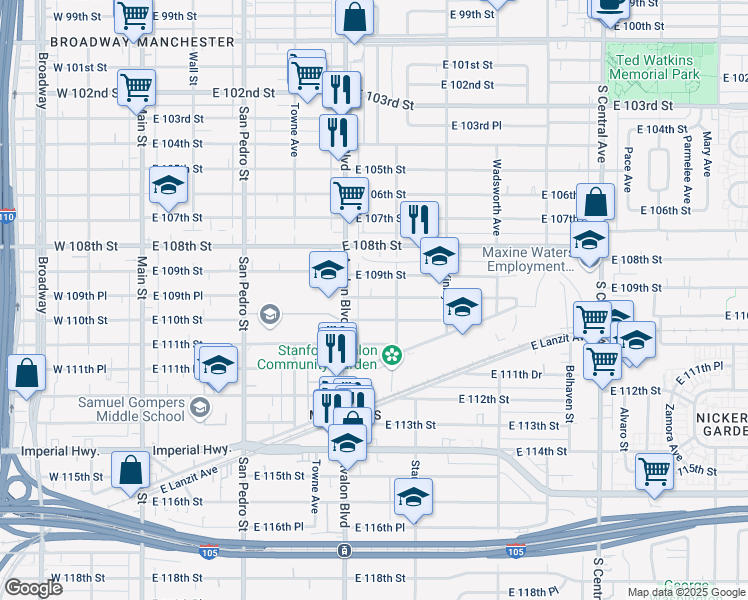 map of restaurants, bars, coffee shops, grocery stores, and more near 619 East 110th Street in Los Angeles