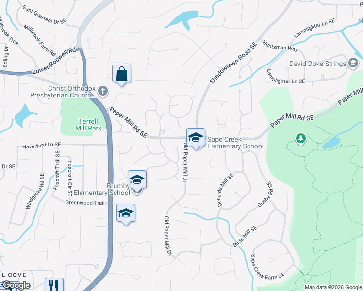 map of restaurants, bars, coffee shops, grocery stores, and more near 703 Cheswich Overlook Southeast in Marietta