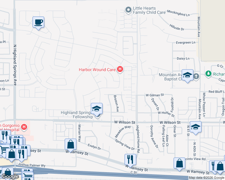 map of restaurants, bars, coffee shops, grocery stores, and more near 5087 West Gilman Street in Banning