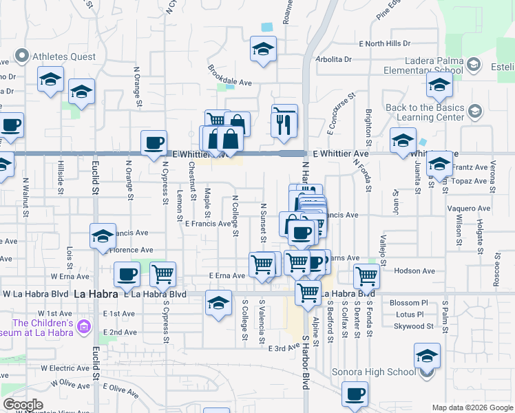 map of restaurants, bars, coffee shops, grocery stores, and more near 907 East Francis Avenue in La Habra