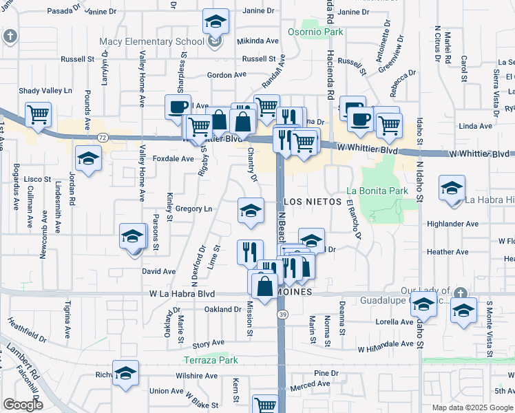 map of restaurants, bars, coffee shops, grocery stores, and more near 2100 Gregory Lane in La Habra