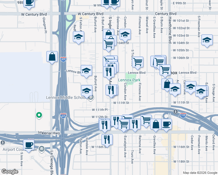 map of restaurants, bars, coffee shops, grocery stores, and more near 11002 South Burl Avenue in Inglewood