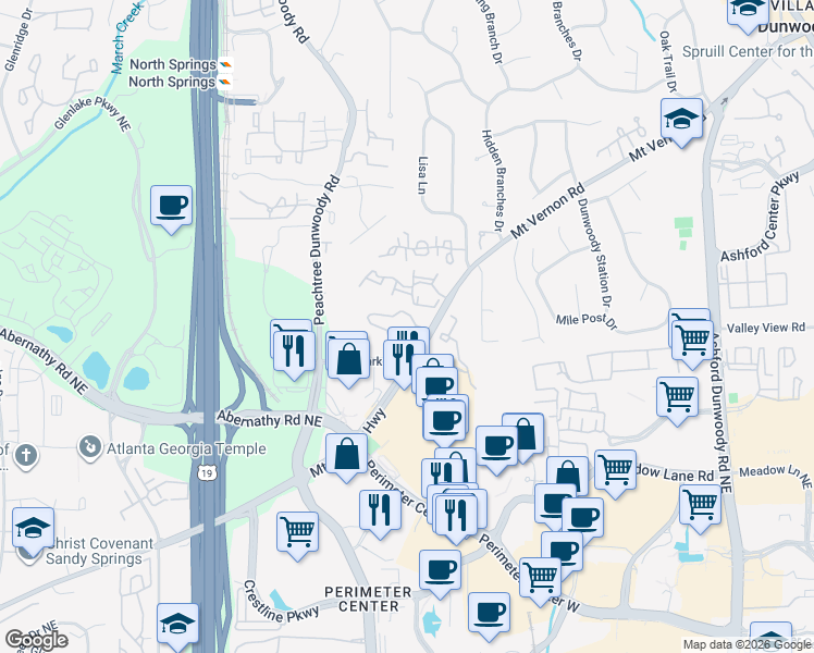 map of restaurants, bars, coffee shops, grocery stores, and more near 14 Mount Vernon Circle in Dunwoody