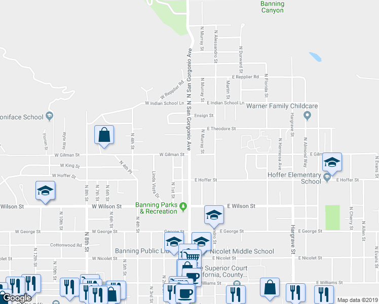 map of restaurants, bars, coffee shops, grocery stores, and more near North San Gorgonio Avenue in Banning