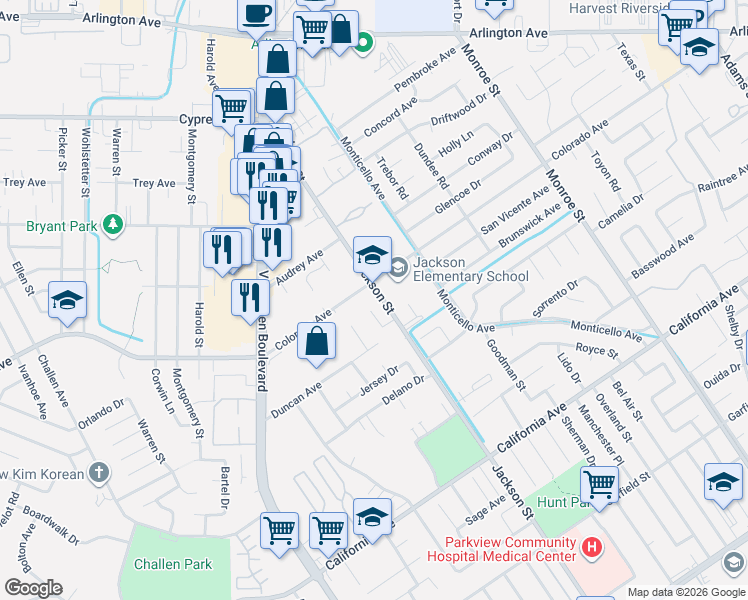 map of restaurants, bars, coffee shops, grocery stores, and more near 4565 Albion Drive in Riverside