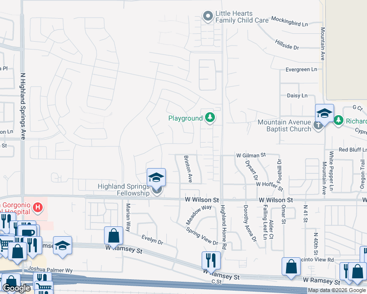 map of restaurants, bars, coffee shops, grocery stores, and more near 5118 Larkspur Road in Banning