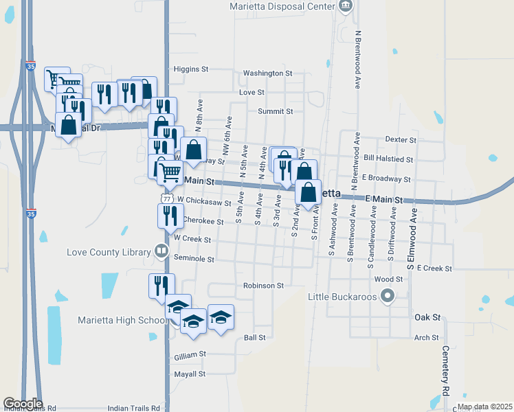 map of restaurants, bars, coffee shops, grocery stores, and more near 408 West Chickasaw Street in Marietta