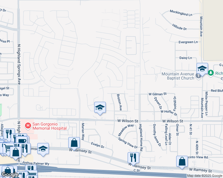 map of restaurants, bars, coffee shops, grocery stores, and more near 5215 West Gilman Street in Banning