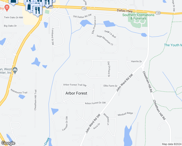 map of restaurants, bars, coffee shops, grocery stores, and more near 675 Falls Church Road South West in Marietta