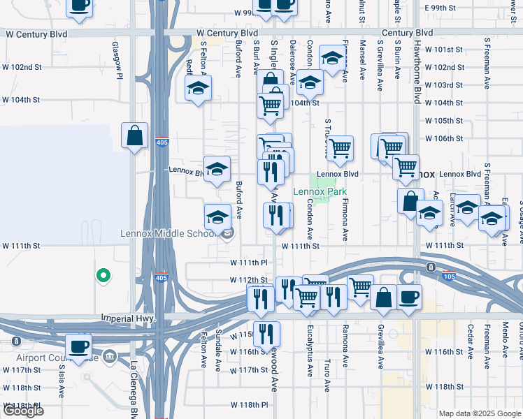 map of restaurants, bars, coffee shops, grocery stores, and more near 11002 South Burl Avenue in Inglewood