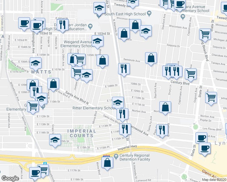 map of restaurants, bars, coffee shops, grocery stores, and more near 2509 East 109th Street in Los Angeles