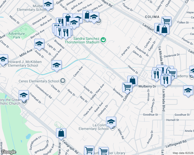 map of restaurants, bars, coffee shops, grocery stores, and more near 14520 Broadway in Whittier
