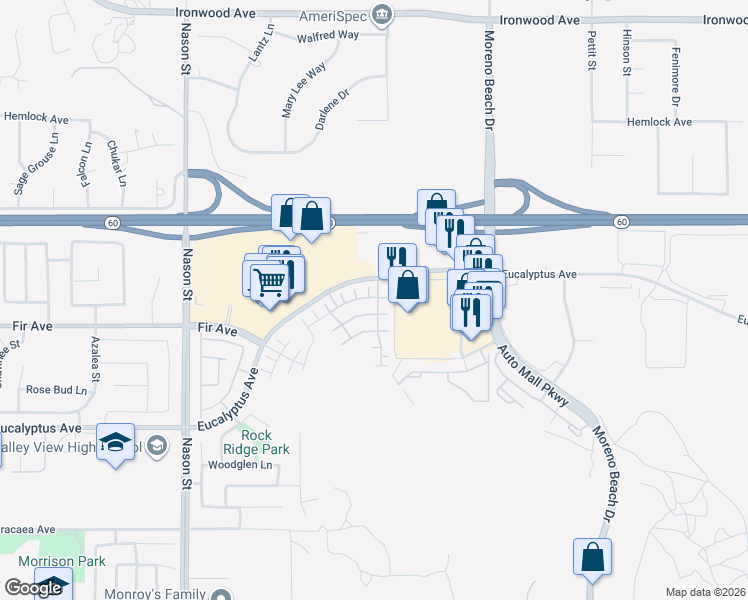 map of restaurants, bars, coffee shops, grocery stores, and more near 27488 Red Rock Road in Moreno Valley