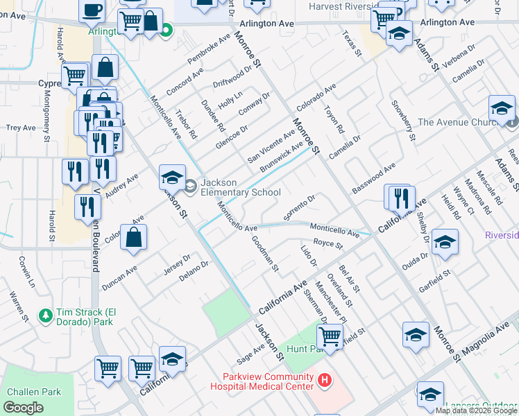map of restaurants, bars, coffee shops, grocery stores, and more near 8967 Patrero Street in Riverside