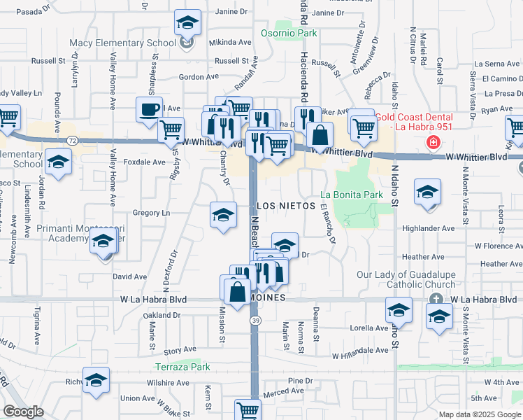 map of restaurants, bars, coffee shops, grocery stores, and more near 521 La Cadena Way in La Habra