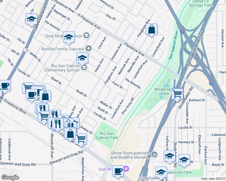 map of restaurants, bars, coffee shops, grocery stores, and more near 10524 Mattock Avenue in Downey