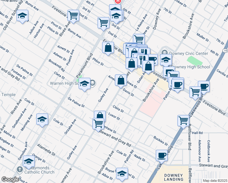 map of restaurants, bars, coffee shops, grocery stores, and more near 11602 Downey Avenue in Downey