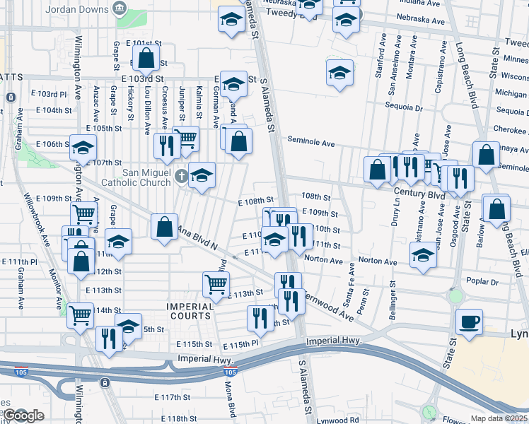 map of restaurants, bars, coffee shops, grocery stores, and more near 2424 East 109th Street in Los Angeles