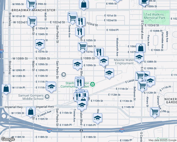 map of restaurants, bars, coffee shops, grocery stores, and more near 619 East 110th Street in Los Angeles
