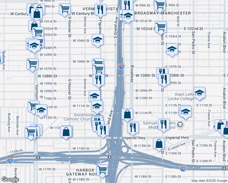 map of restaurants, bars, coffee shops, grocery stores, and more near 400 West 109th Street in Los Angeles