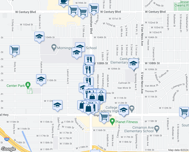 map of restaurants, bars, coffee shops, grocery stores, and more near 10942 South Crenshaw Boulevard in Inglewood