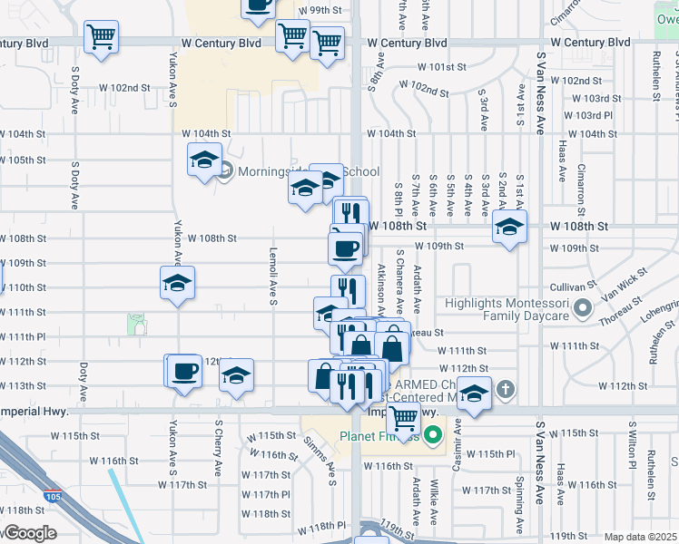 map of restaurants, bars, coffee shops, grocery stores, and more near 3129 West 110th Street in Inglewood
