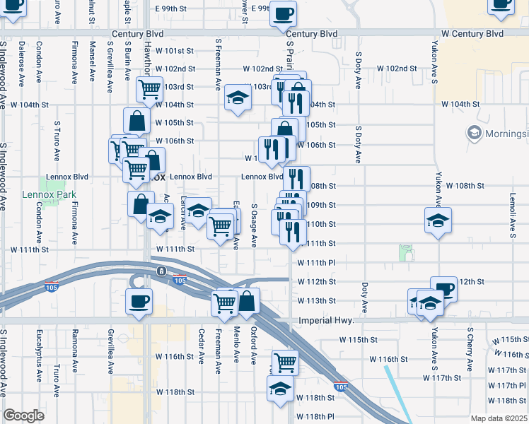 map of restaurants, bars, coffee shops, grocery stores, and more near 10936 South Osage Avenue in Inglewood