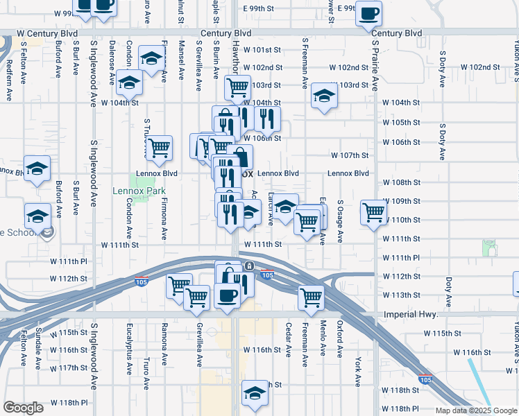 map of restaurants, bars, coffee shops, grocery stores, and more near 10938 Acacia Avenue in Lennox