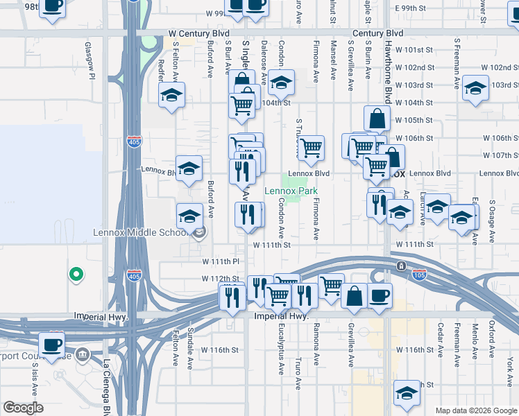 map of restaurants, bars, coffee shops, grocery stores, and more near 10937 Dalerose Avenue in Lennox