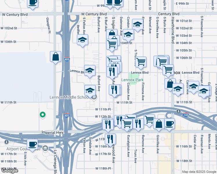 map of restaurants, bars, coffee shops, grocery stores, and more near 11002 South Burl Avenue in Inglewood