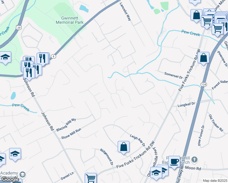 map of restaurants, bars, coffee shops, grocery stores, and more near 285 Camden Park Drive Southwest in Lawrenceville