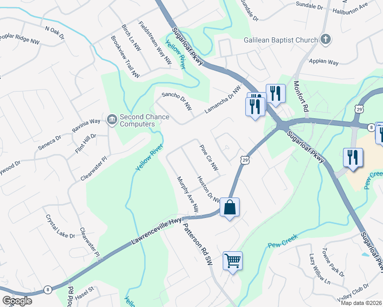 map of restaurants, bars, coffee shops, grocery stores, and more near 253 Huston Drive Northwest in Lawrenceville