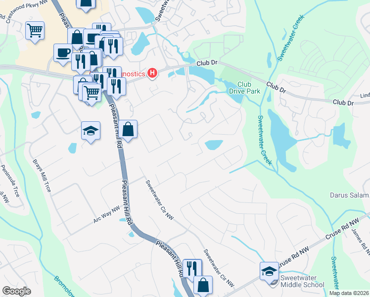map of restaurants, bars, coffee shops, grocery stores, and more near 3536 Mount Vernon Court Northwest in Lawrenceville