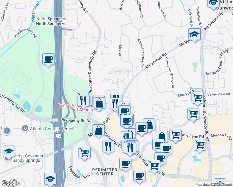 map of restaurants, bars, coffee shops, grocery stores, and more near 14 Mount Vernon Circle in Dunwoody