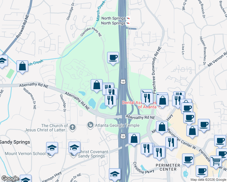 map of restaurants, bars, coffee shops, grocery stores, and more near 3 Glenlake Parkway Northeast in Sandy Springs