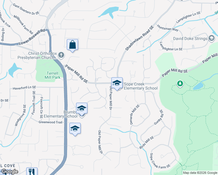 map of restaurants, bars, coffee shops, grocery stores, and more near 703 Cheswich Overlook Southeast in Marietta