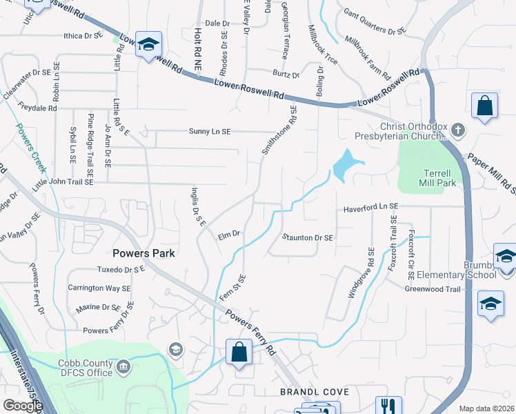 map of restaurants, bars, coffee shops, grocery stores, and more near 640 Arlington Terrace in Marietta
