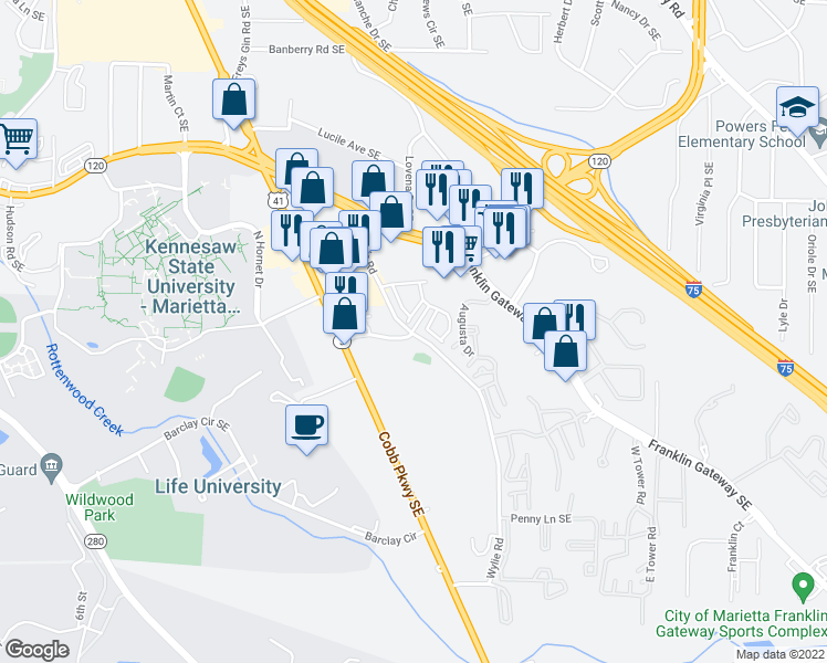 map of restaurants, bars, coffee shops, grocery stores, and more near 700-798 New Hope Rd in Marietta