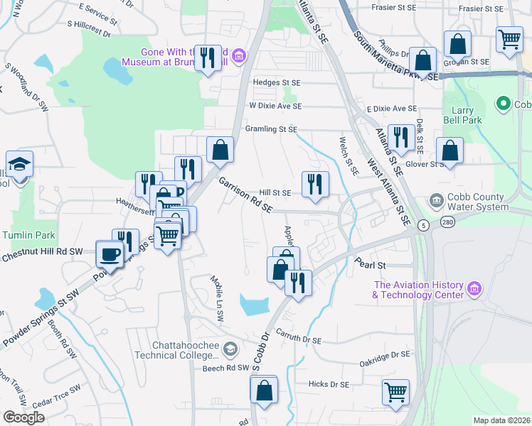 map of restaurants, bars, coffee shops, grocery stores, and more near 102 Carnes Drive Southeast in Marietta