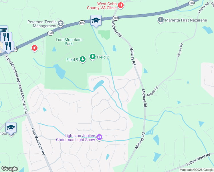 map of restaurants, bars, coffee shops, grocery stores, and more near 656 Goldenwood Court in Powder Springs