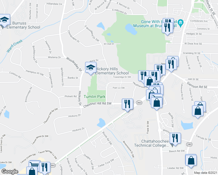 map of restaurants, bars, coffee shops, grocery stores, and more near 296 Pam Ln in Marietta