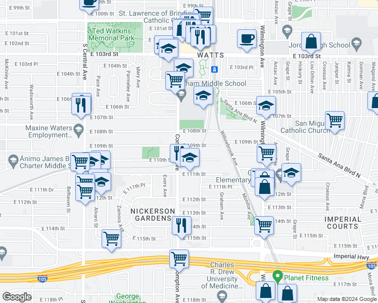 map of restaurants, bars, coffee shops, grocery stores, and more near 1624 East 109th Street in Los Angeles