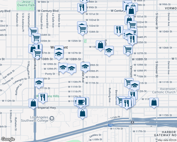 map of restaurants, bars, coffee shops, grocery stores, and more near 1336 West 109th Place in Los Angeles