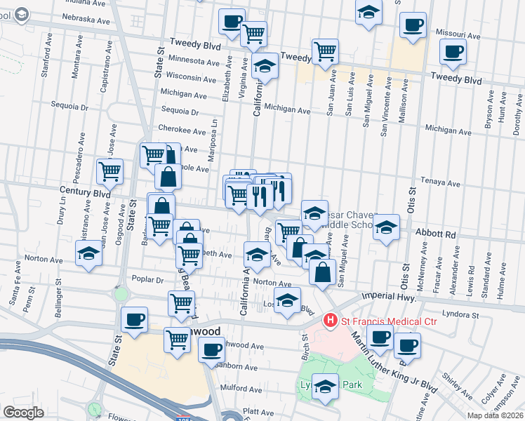 map of restaurants, bars, coffee shops, grocery stores, and more near 3535 Martin Luther King Junior Boulevard in Lynwood