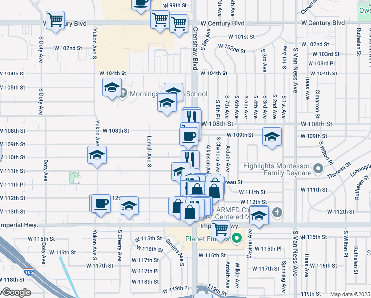 map of restaurants, bars, coffee shops, grocery stores, and more near 3129 West 110th Street in Inglewood