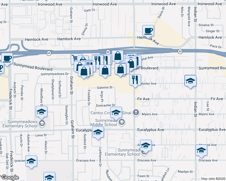 map of restaurants, bars, coffee shops, grocery stores, and more near 23867 Gamma Street in Moreno Valley