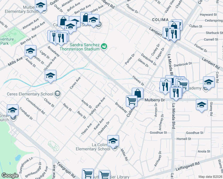 map of restaurants, bars, coffee shops, grocery stores, and more near 14665 Vía Pointe Del Sol in Whittier