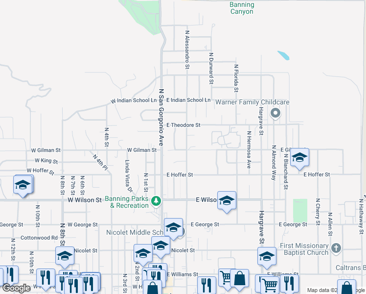 map of restaurants, bars, coffee shops, grocery stores, and more near 1225 North Alessandro Street in Banning