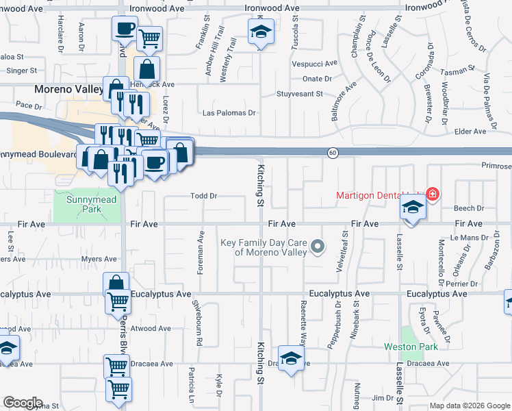 map of restaurants, bars, coffee shops, grocery stores, and more near 12685 Kitching Street in Moreno Valley